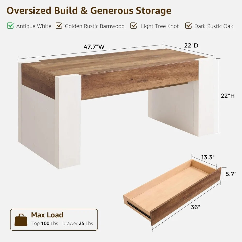 Farmhouse Coffee Table with Hidden Storage Modern Rustic Center Table