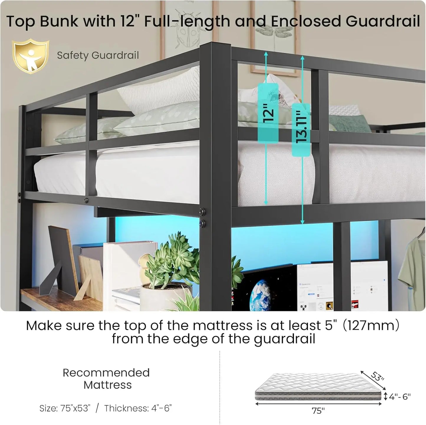 Loft Bed Full Size with Desk Charging Station LED Lights Open Shelves