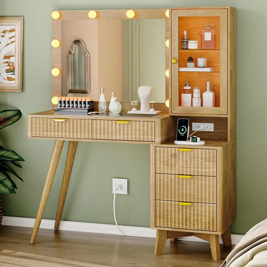 Fluted Vanity Desk with Mirror Lights 5 Drawers Power Outlet Storage