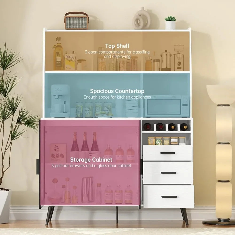 Freestanding Pantry Cabinet with Wine Storage and 3 Drawers