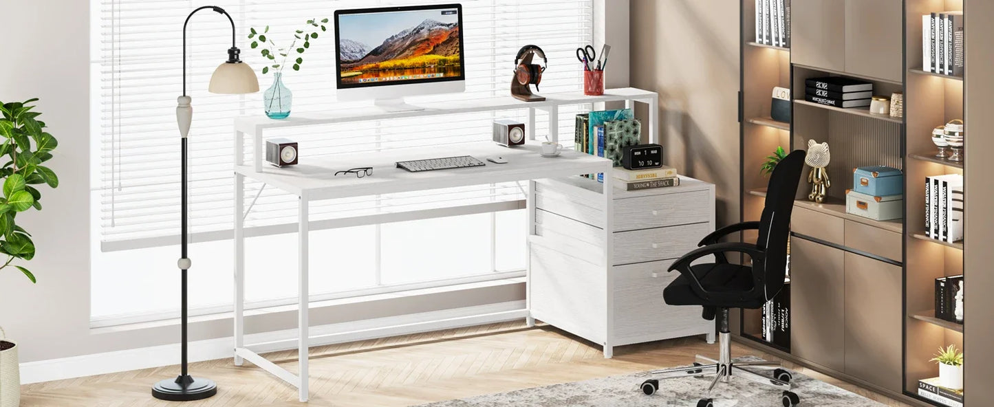 Ljustra 63 Inch Ergonomic Computer Desk with File Drawer Cabinet