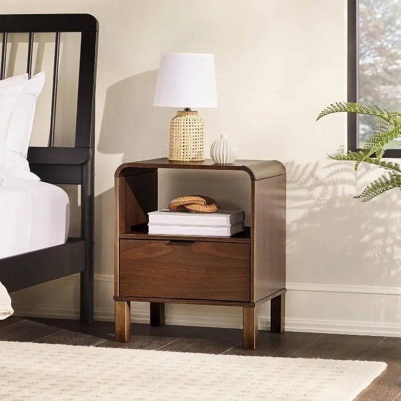 Ljustra Modern Curved-Top Solid Wood Nightstand 1-Drawer Open Cubby