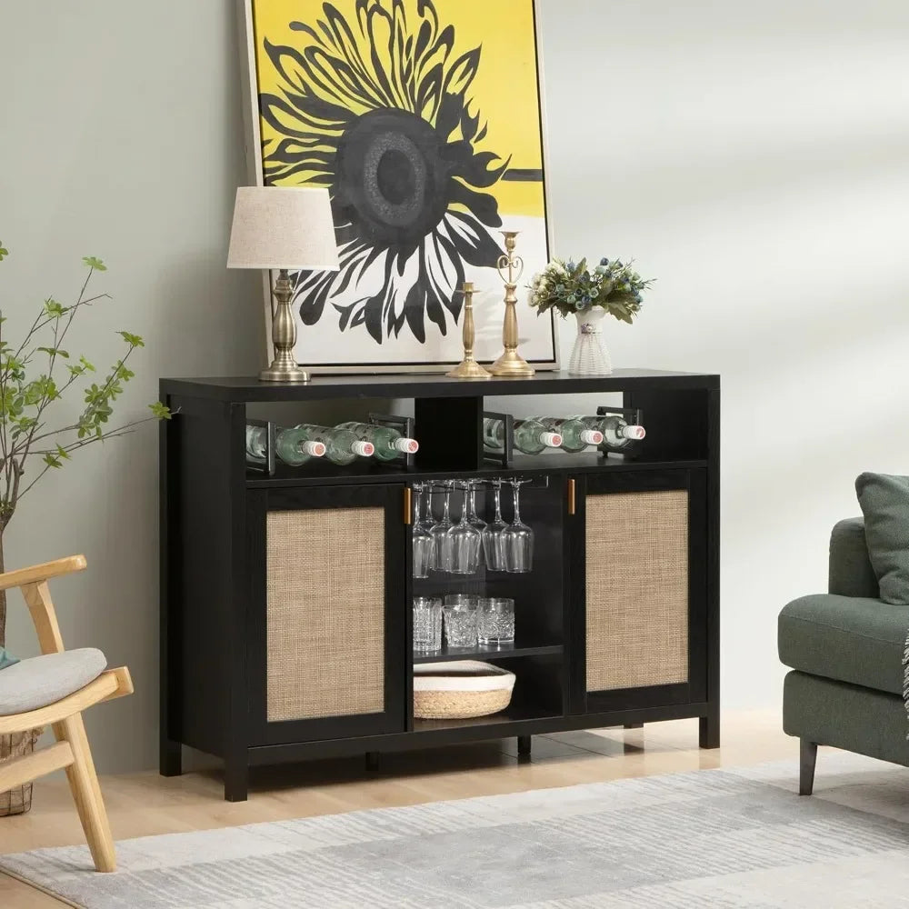 Rattan Coffee Bar Cabinet Modern Liquor Cabinet Buffet Storage 51 Inch