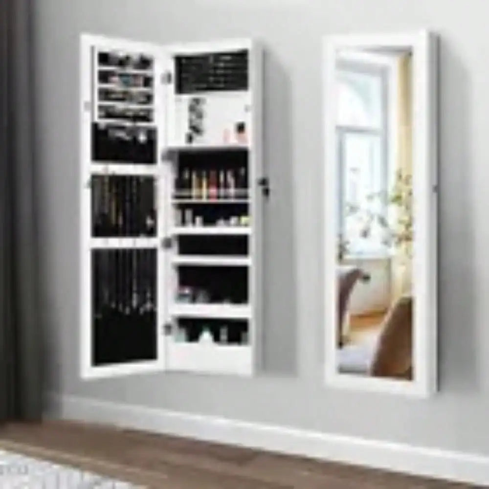 Lockable Mirror Jewelry Cabinet Armoire Organizer Wall Door Mounted LED