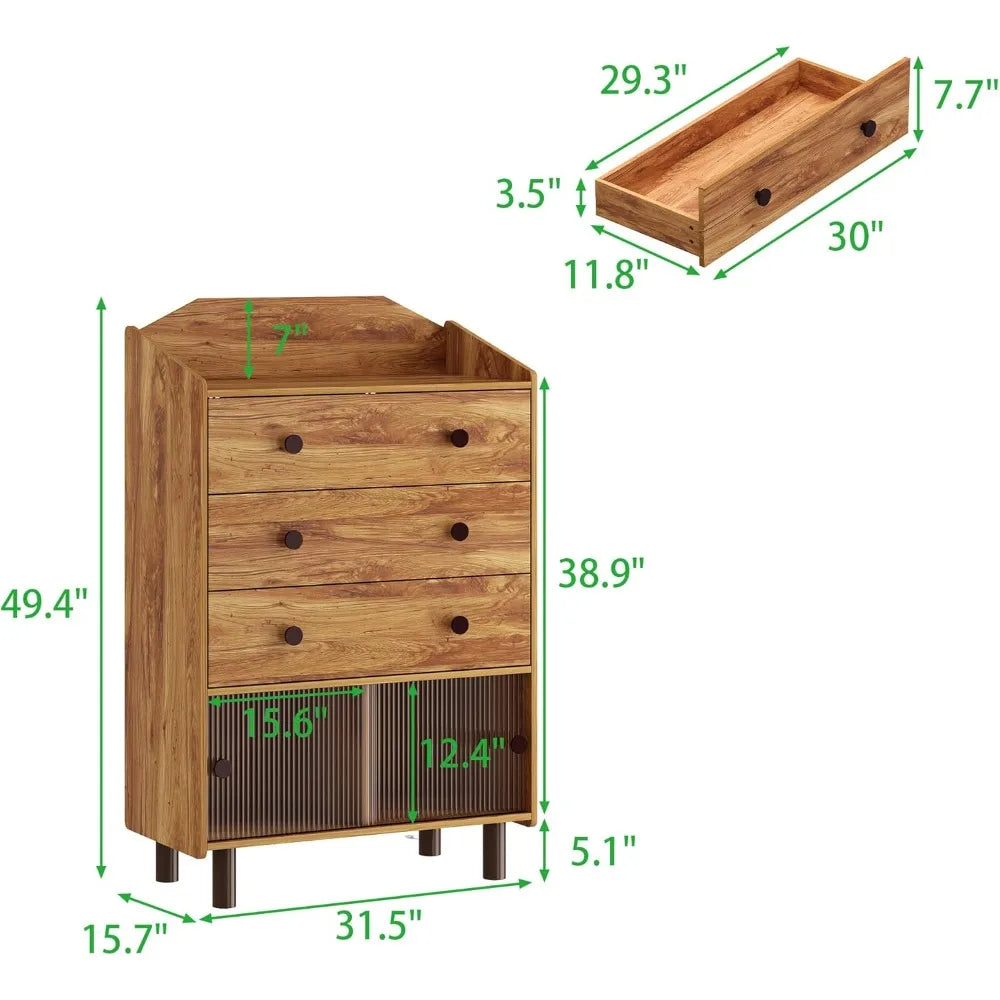 Modern Sideboard Buffet Cabinet with 3 Drawers and Fluted Glass