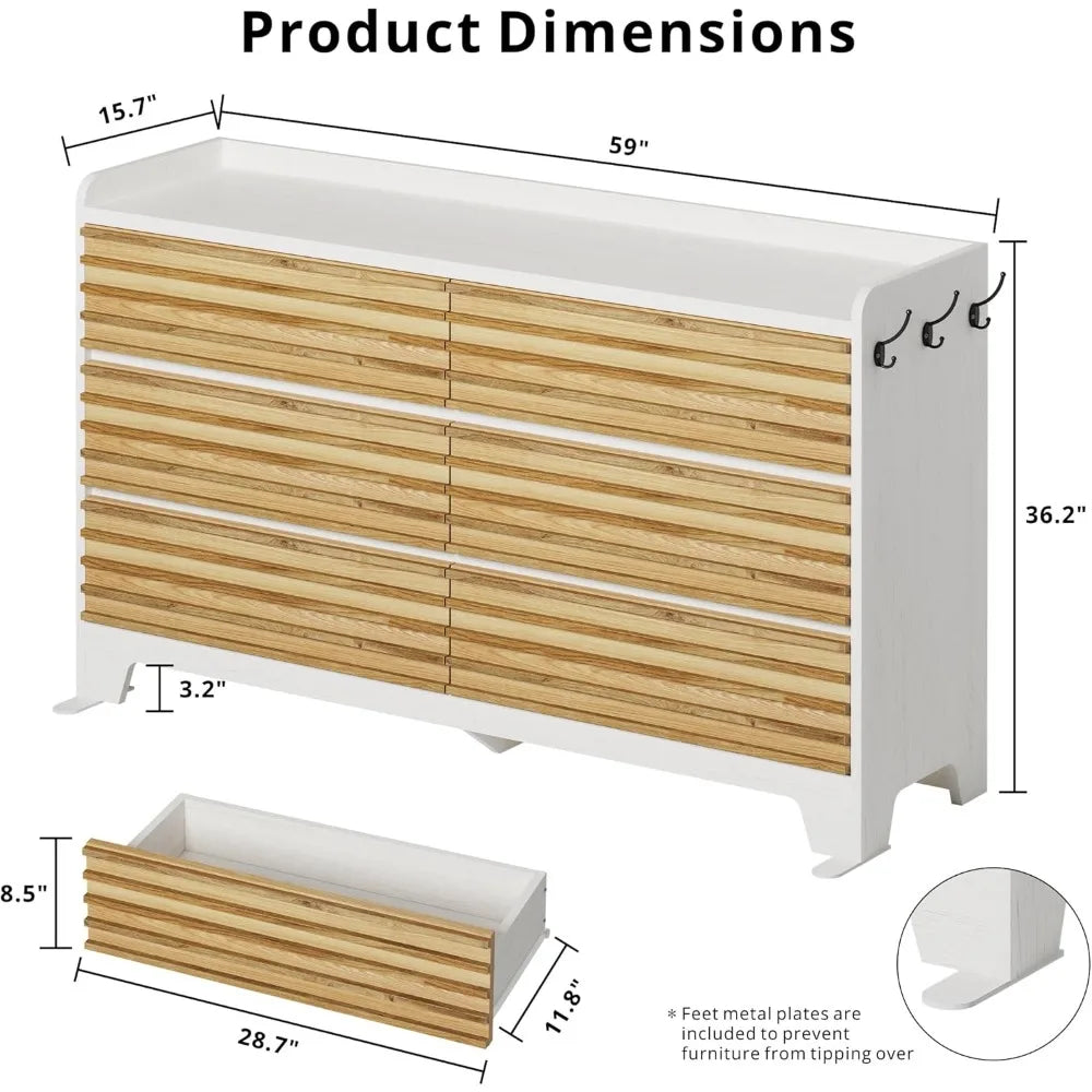 Fluted Dresser 59" Wide Wood Chest with 6 Drawers and Hooks for Bedroom