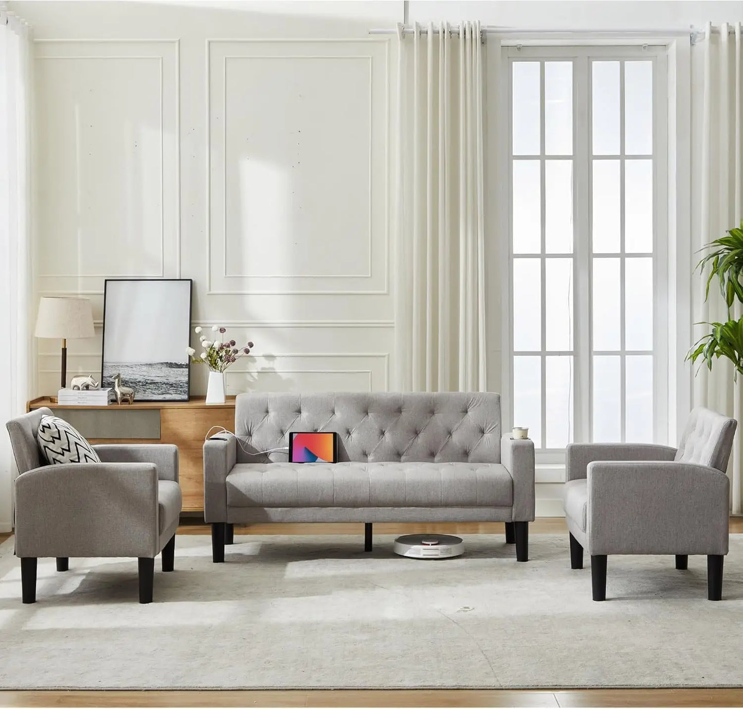 Mid-Century Modern Loveseat Sofa Set with USB Ports and Cupholders