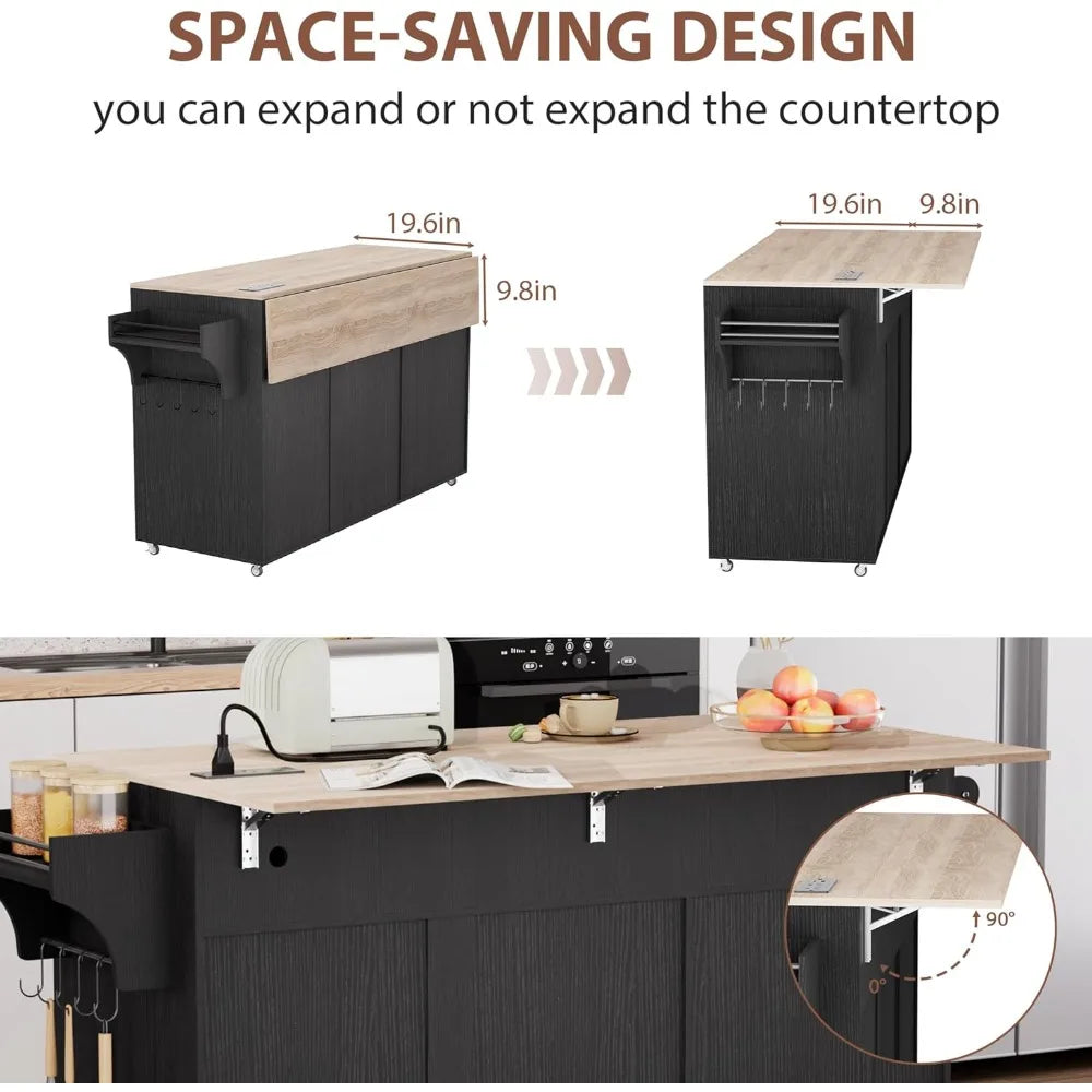 Kitchen Island with Storage on Wheels Drop Leaf Power Outlet Rolling Cart