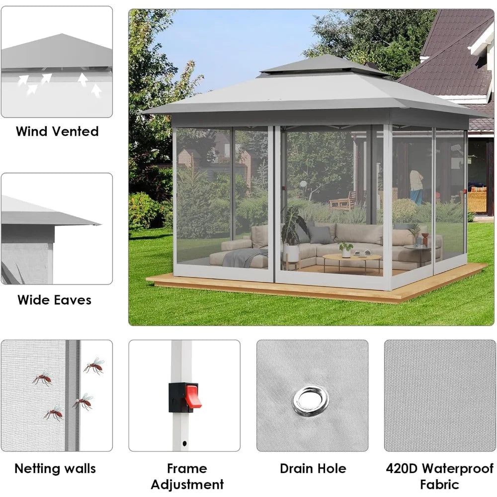 11x11 Gazebo Pop Up Outdoor Canopy Tent with Mesh Walls and Bag