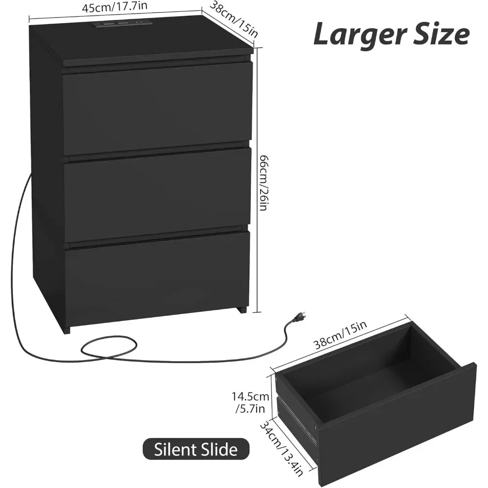Black Nightstand with Charging Station USB Ports Power Outlets 26"