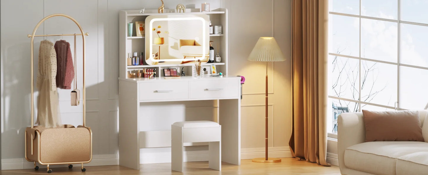 Satifur Vanity Desk with LED Mirror Power Outlets Makeup Stool Set