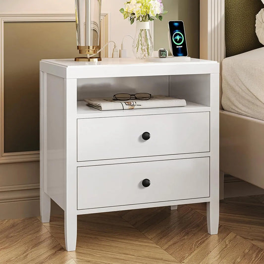 Nightstand with Charging Station 2 Drawers Modern Bedside Table Storage