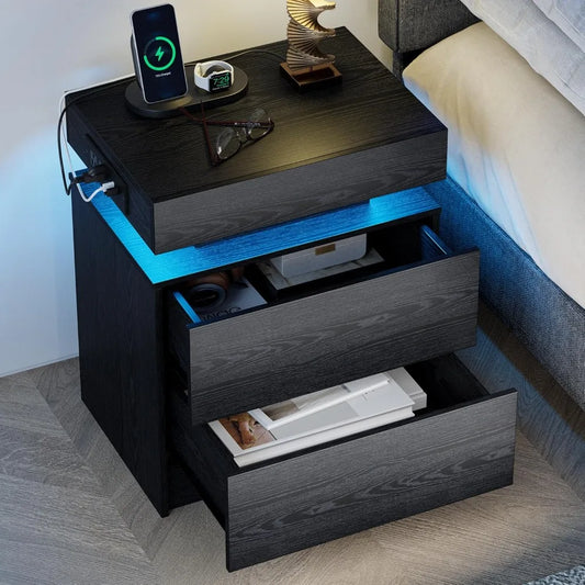 Modern Bedside Table with Charging Station LED Lights and Drawers
