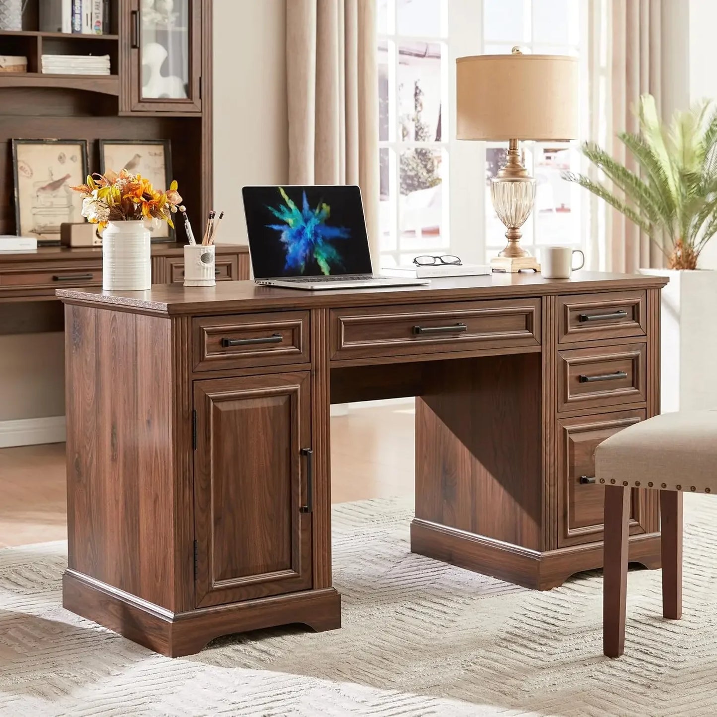 58 Inch Executive Desk Farmhouse Computer Desk with Storage Cabinet