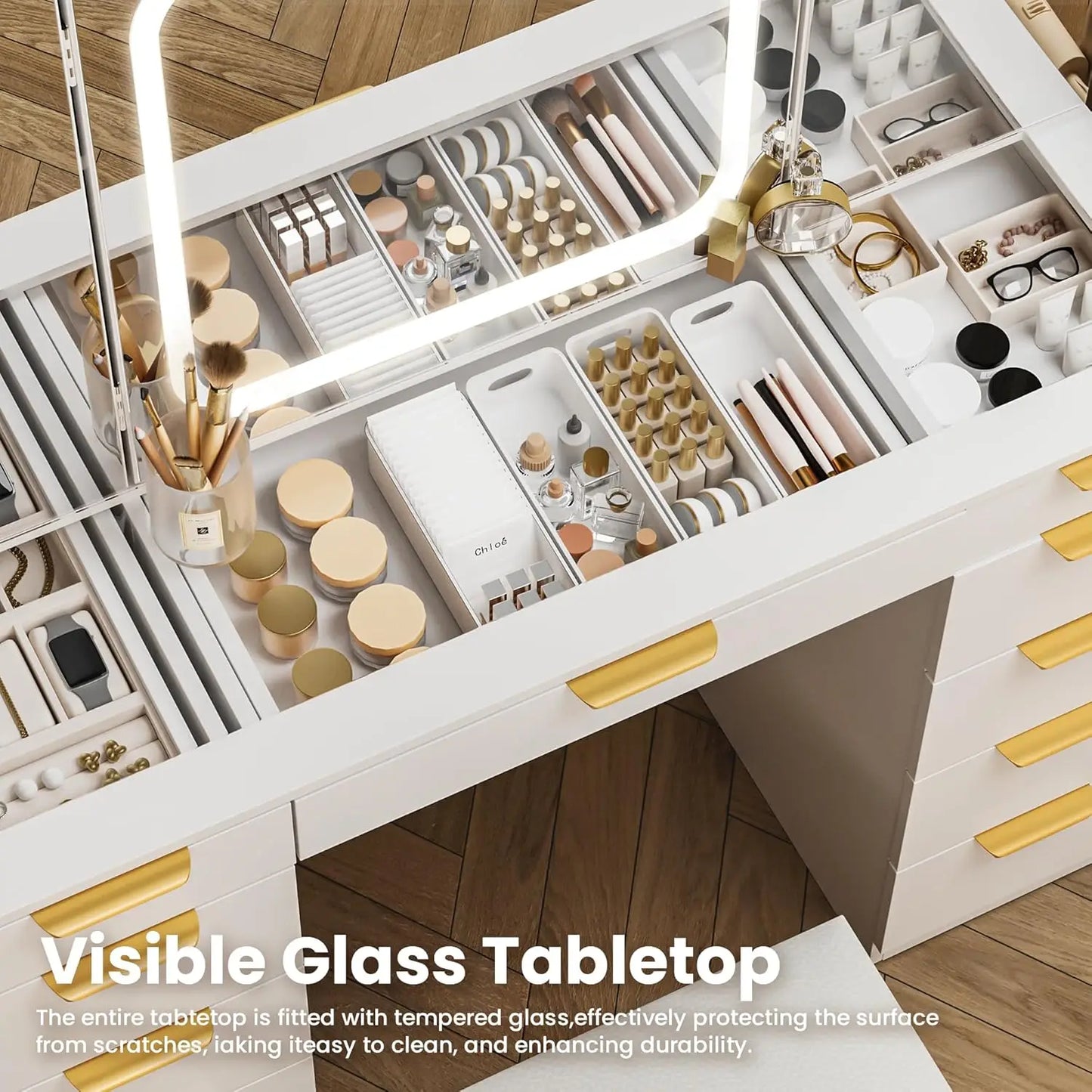 11 Drawer Vanity Desk with Foldable Mirror LED Lights and Gold Handles