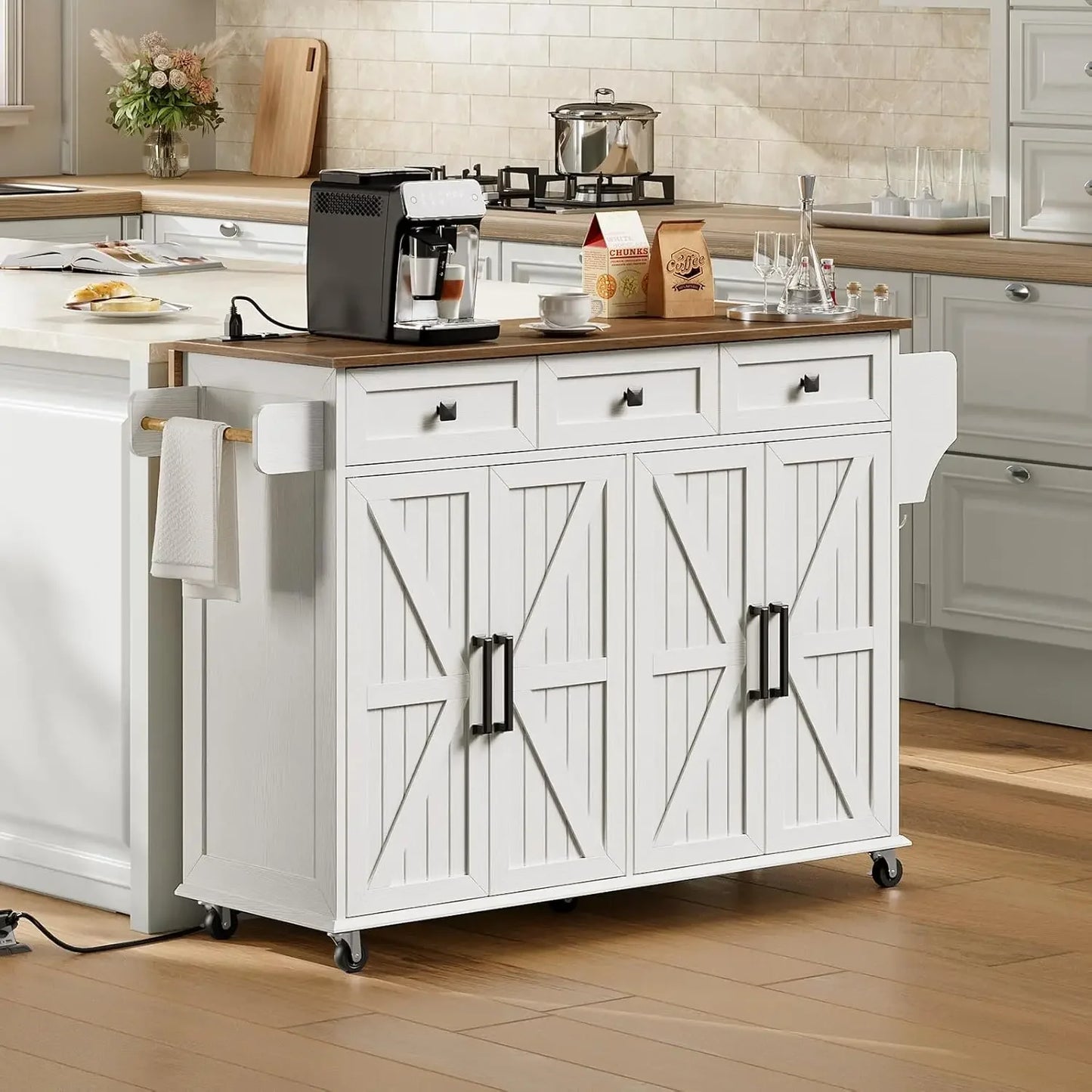 Kitchen Island with Drop Leaf Rolling Cart and Charging Station Storage