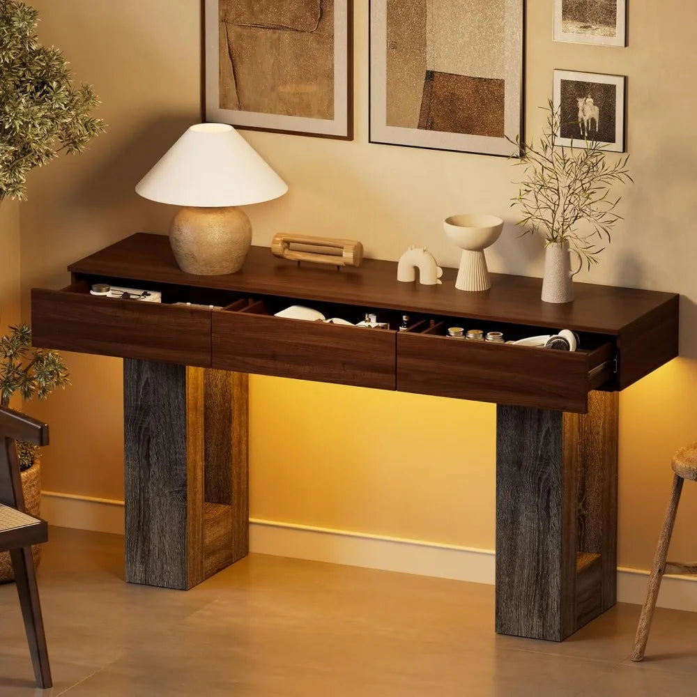 63-Inch Console Table with LED Lights and 3 Drawers for Entryway Living Room
