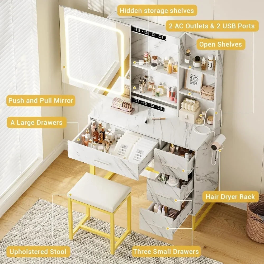 Modern Vanity Set LED Lighted Mirror USB Charging Station Dressing Table