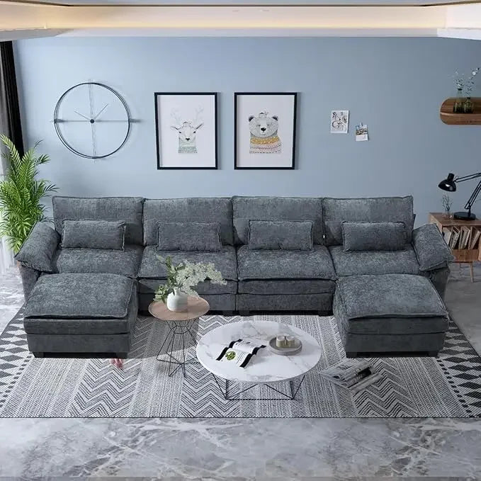 U-Shaped Modular Sectional Sofa with USB – Cloud Chenille Fabric Couch w/ Removable Covers