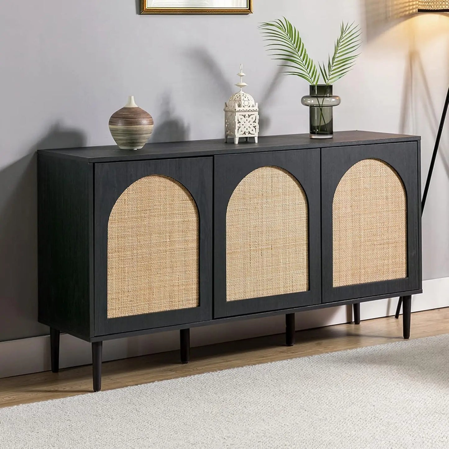 Sideboard Buffet Cabinet with Rattan Doors and Metal Legs for Storage
