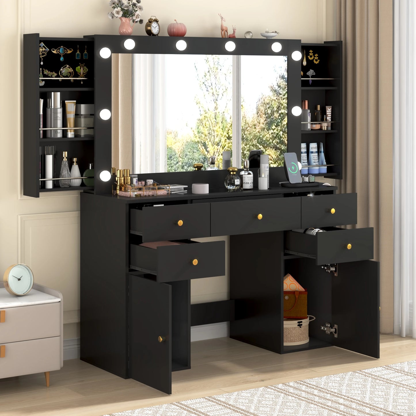 Vanity Desk with Lighted Mirror Charging Station & Storage Set