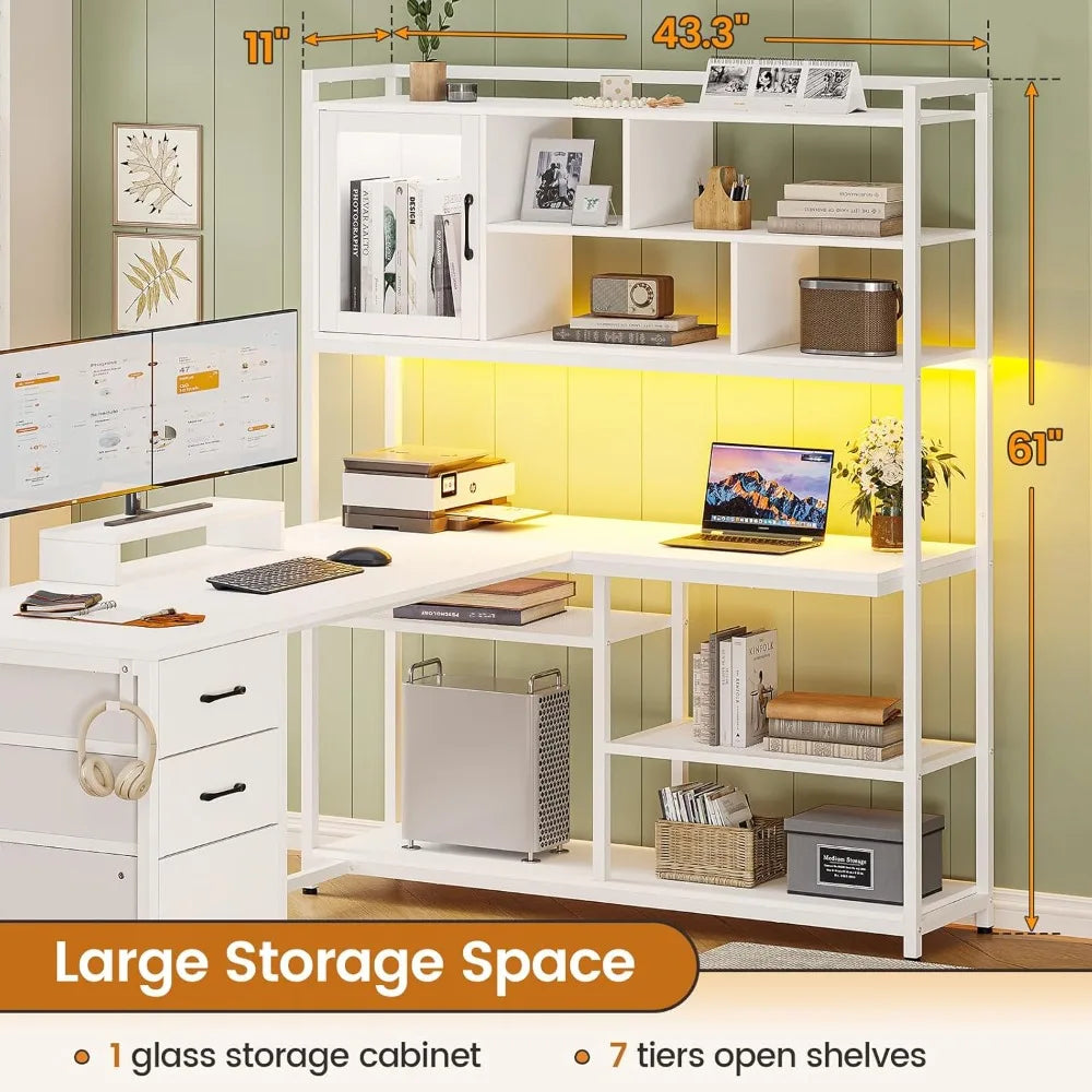 L Shaped Computer Desk with 3 Drawers and Bookshelf for Home Office