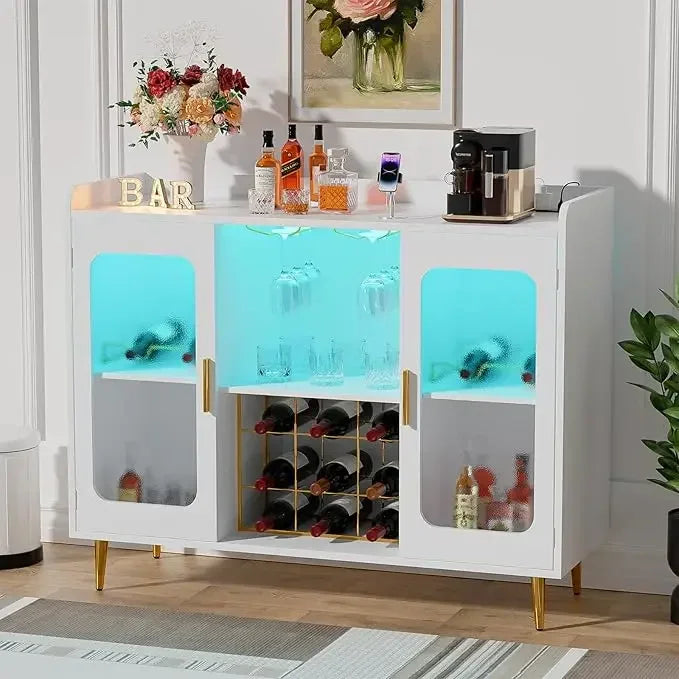 Liquor Cabinet Bar with Power Outlet LED Light Wine Storage Kitchen