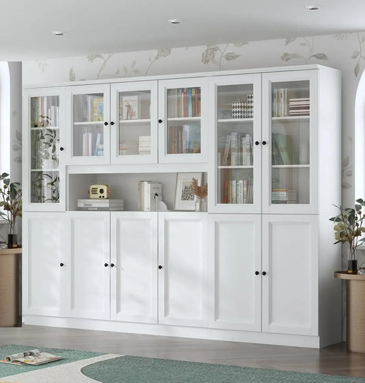Tall Bookshelf with Glass Doors 3-Piece Bookcase Display Cabinet Set