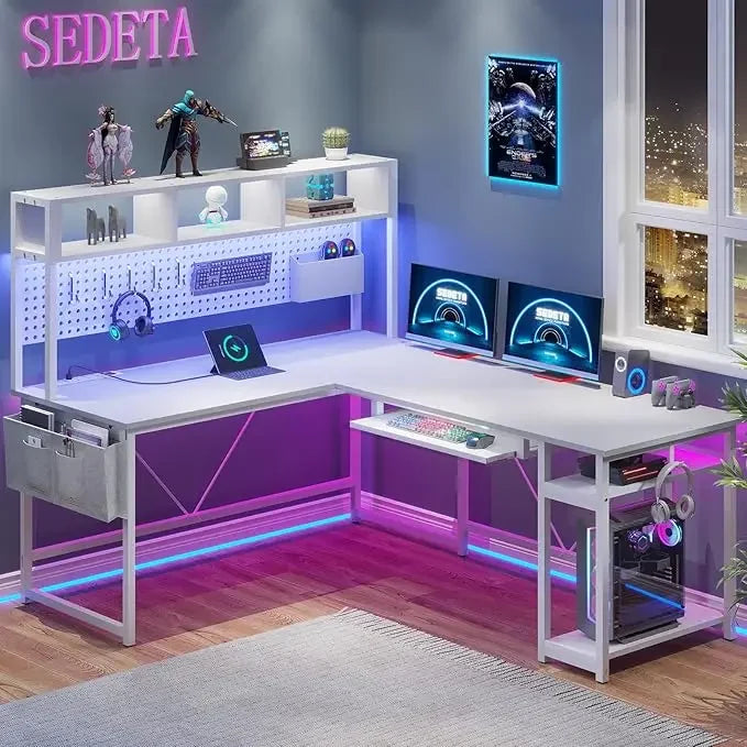 L Shaped Gaming Desk with USB Outlet LED Lights and Keyboard Tray