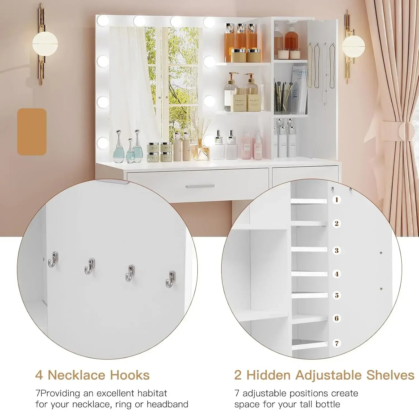 Makeup Vanity with Mirror and 10 LED Lights 4 Drawers Necklace Hooks