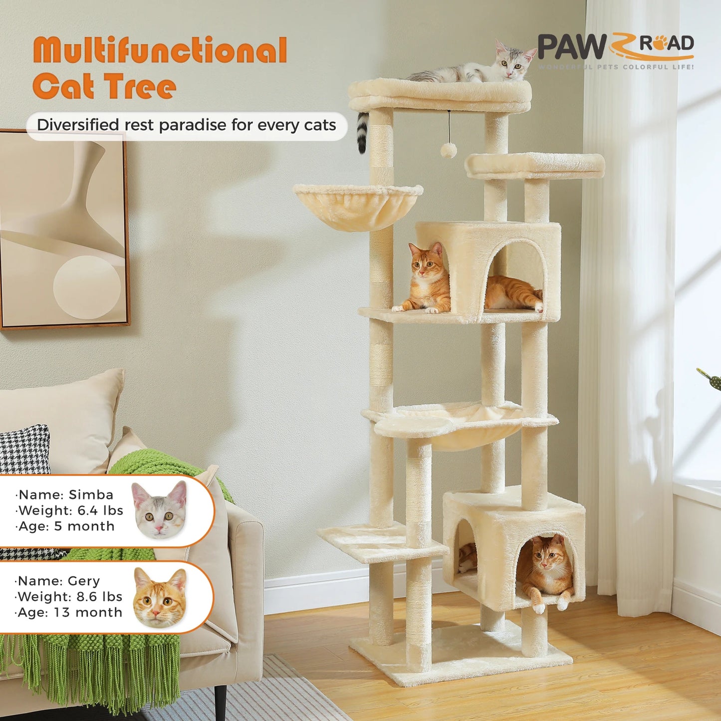 175cm Cat Tree for Large Cats with Hammock Condo Perch Scratching Posts