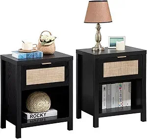 Rattan Night Stands Set of 2 Farmhouse Nightstand Bedside Table