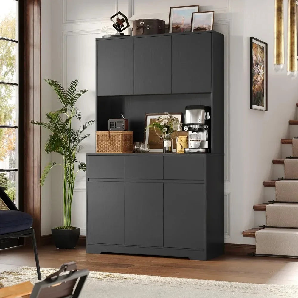71 Inch Tall Kitchen Pantry Storage Cabinet with Power Outlets and LED Lights