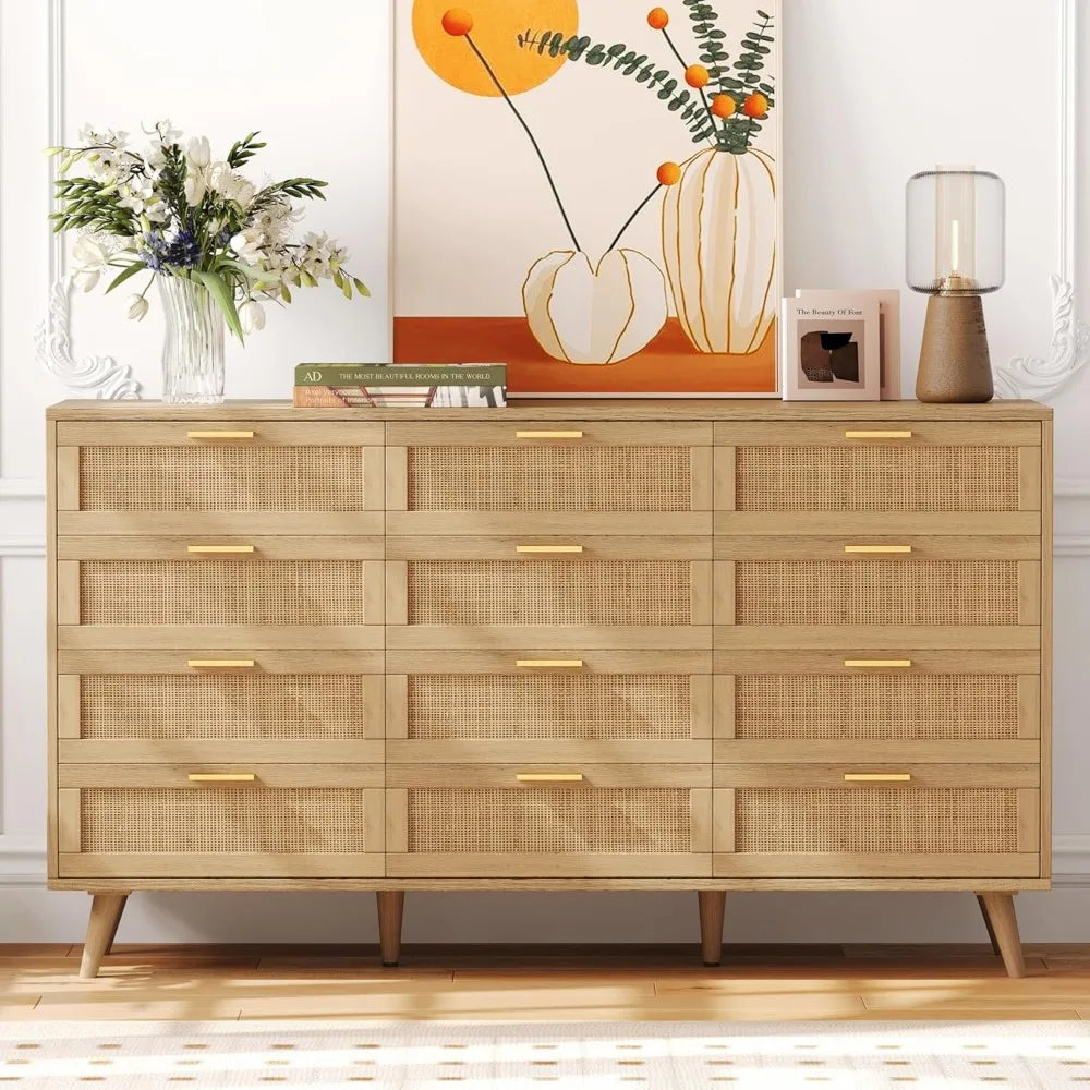 12 Drawer Double Dresser for Bedroom, Rattan Chest of Dressers, Modern Wooden Dresser Chest with Golden Handles, Beside Table f