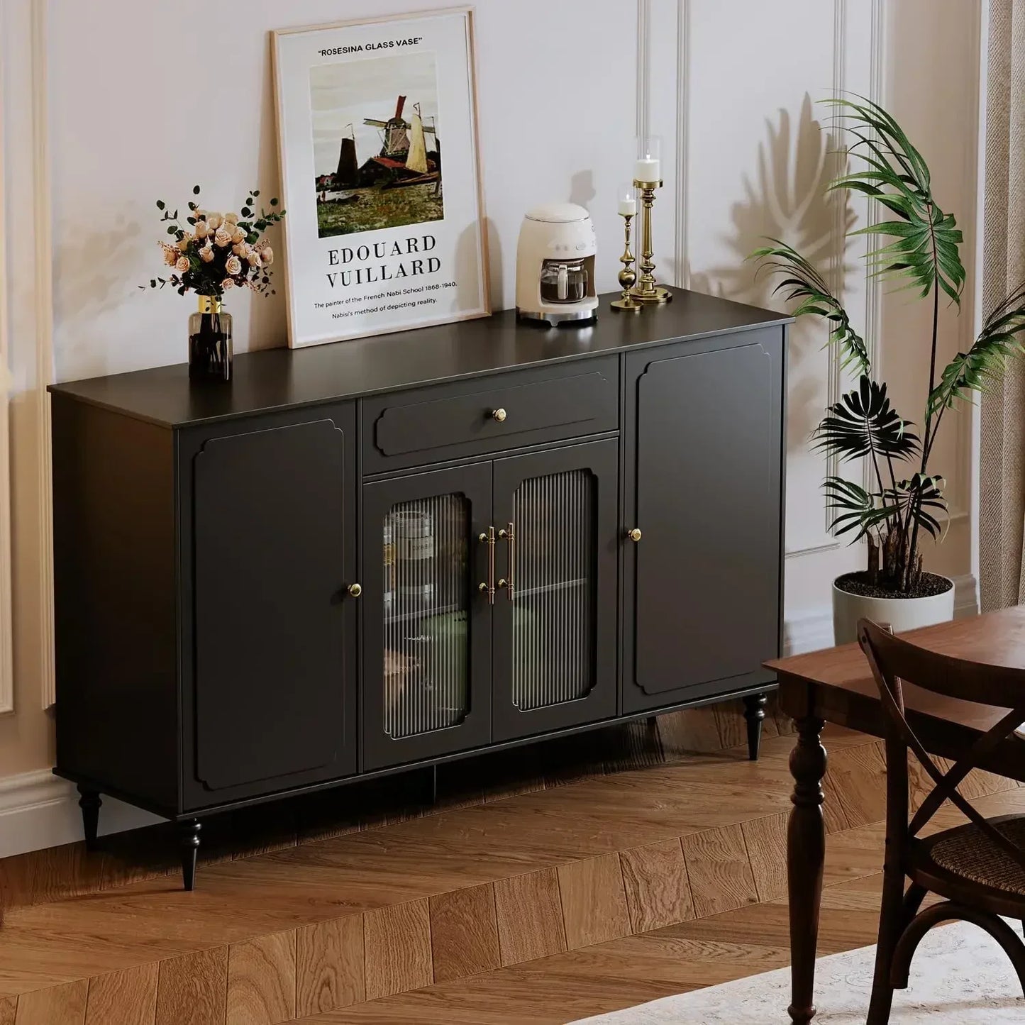 Sideboard Buffet Cabinet Coffee Bar with 4 Doors 1 Drawer Storage