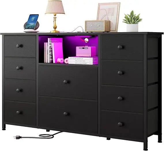 Dresser with Charging Station LED Lights 10 Drawers Modern Storage Unit