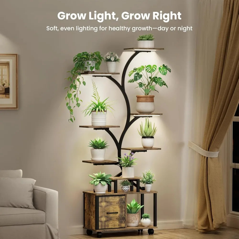 65 Inch Indoor Plant Stand with Grow Lights Tiered Metal Shelf with Wheels