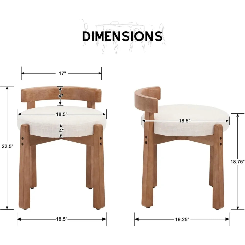 Wood Vanity Chair with Back Linen Upholstered Ottoman Mid-Century Modern