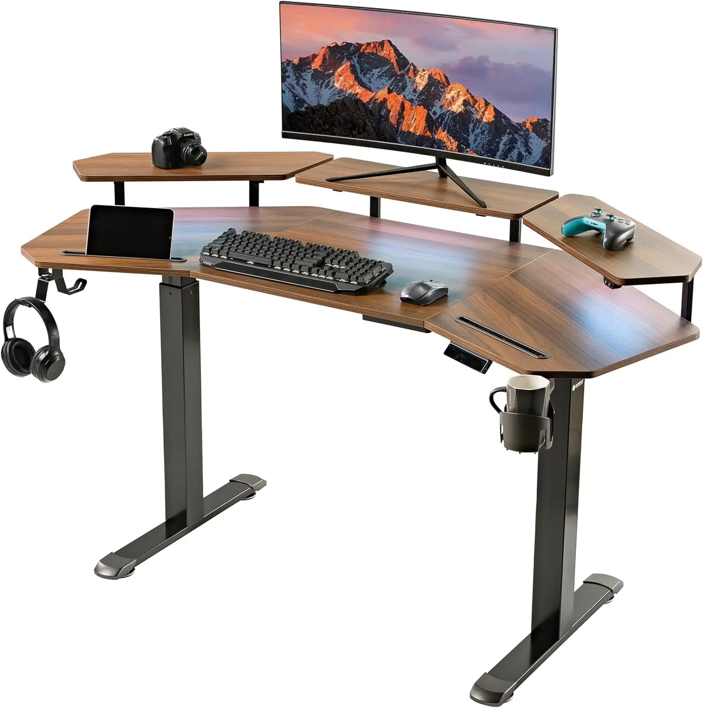 Gaming Desk Adjustable Height Standing Desk 63 Inch Wing Shaped Workstation