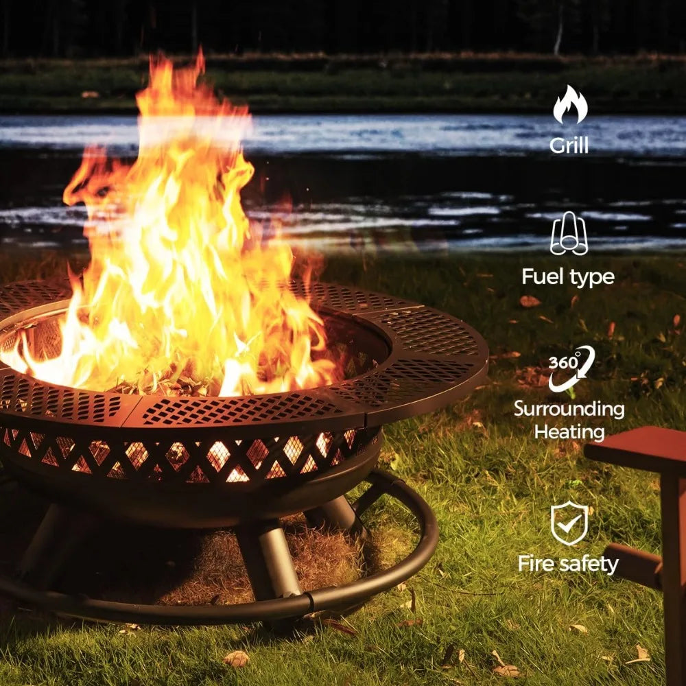 42 Inch Outdoor Fire Pit Table with Grill Wood Burning Metal Firepit