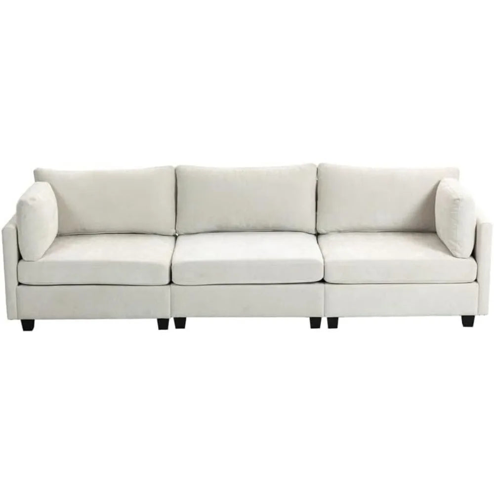 Modern 3-Seater Chenille Sofa Beige Deep Seat Couch with Cushions & Side Pocket