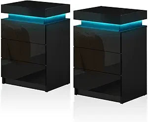 Modern Nightstands Set of 2 with LED Light and 3 Drawers Storage