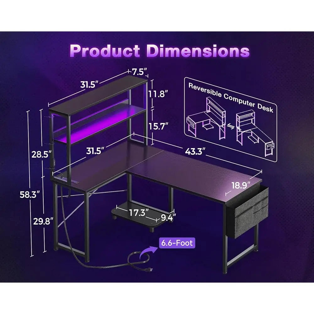L Shaped Desk with LED Lighting Gaming Desk with Power Outlets Storage
