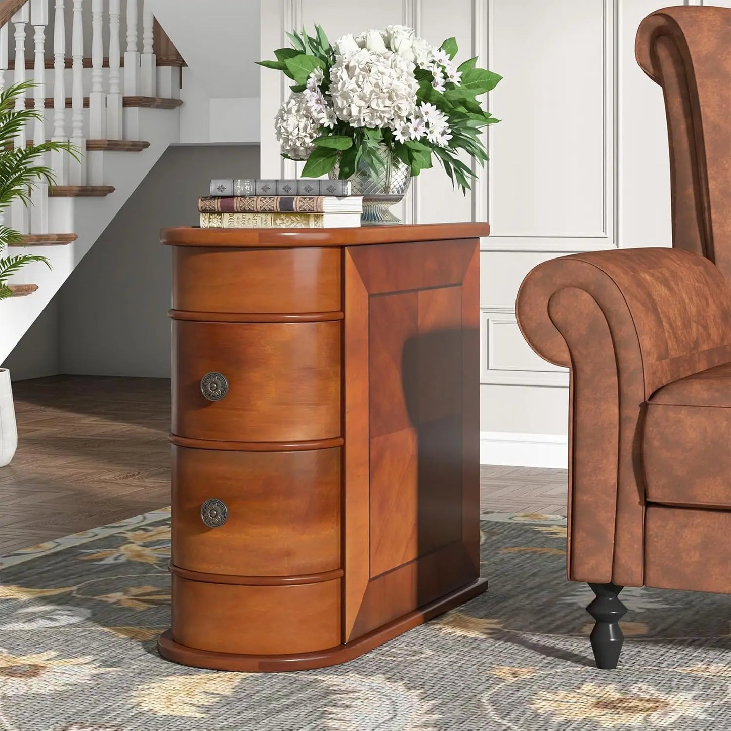 Wood End Table Set of 2 Narrow Solid Side Table with 2 Drawers