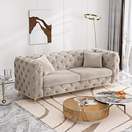 75 Inch Velvet Sofa Couch Mid Century Modern Tufted Button High Armrest