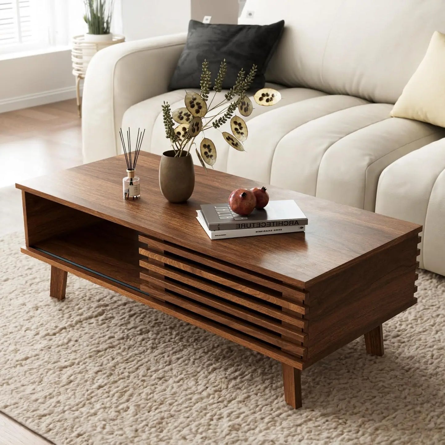 Mid Century Coffee Table with Storage Sliding Door Modern Living Room