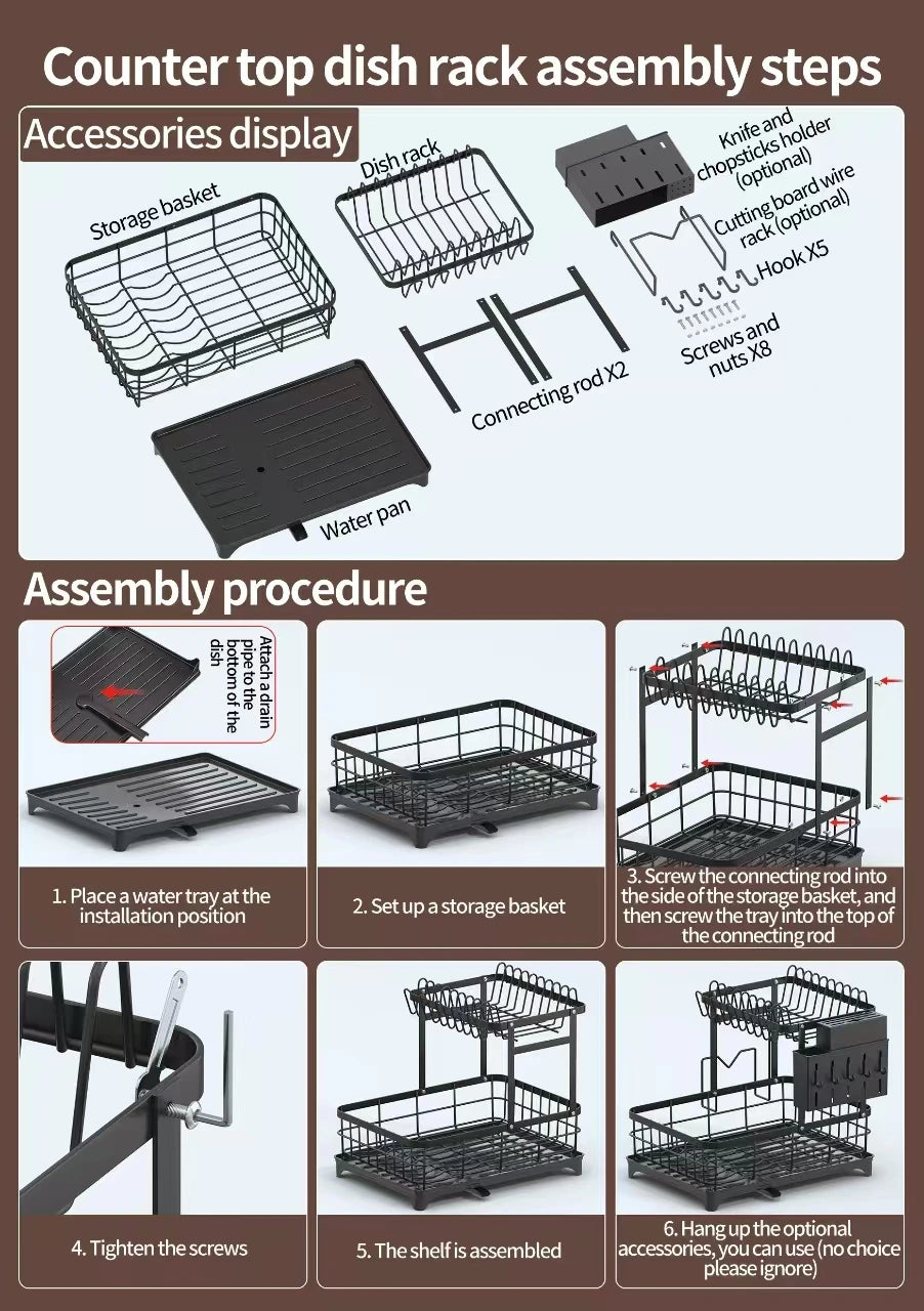 1 Or 2-Tier Space-Saving Kitchen Dish Drying Rack Multifunctional