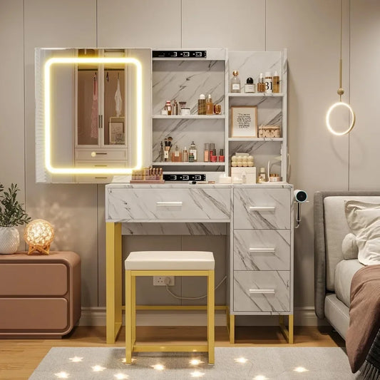 Modern Vanity Set LED Lighted Mirror USB Charging Station Dressing Table