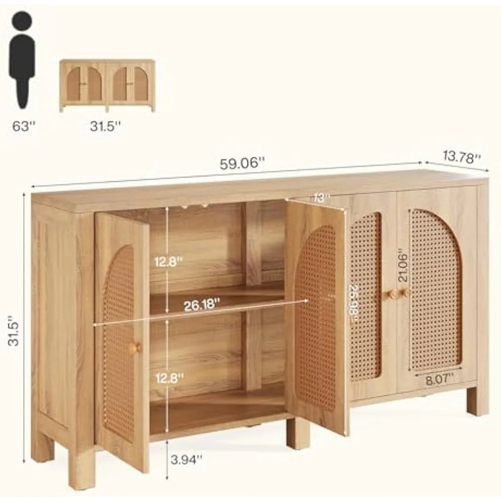 Sideboard Buffet Cabinet Rattan Credenza Kitchen Storage 59" Farmhouse