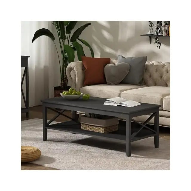 Espresso Wood Coffee Table with Storage Modern 40 Inch 2-Tier Design